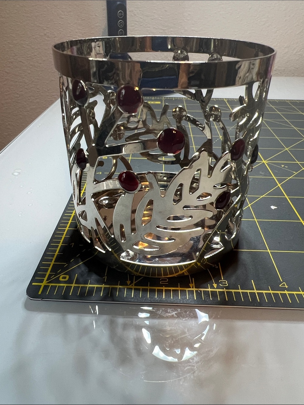 Silver Metal Leaf & Red Accent Candle Holder - Home Accents